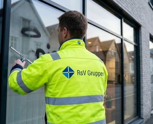 Ansatt i RsV Gruppen fjerner tagging fra vinduer hos Statsforvalteren i Bergen sentrum
